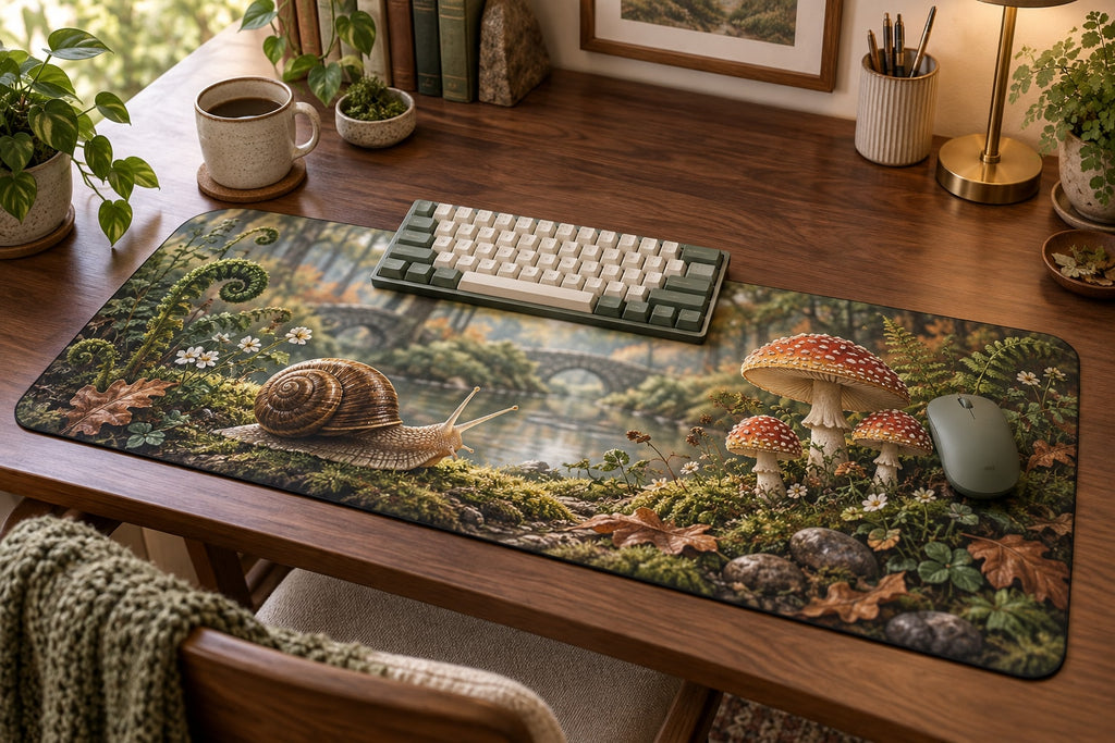 Snail and Toadstool Desk Mat with dimensional printed themed artwork; representative AI-generated mockup.