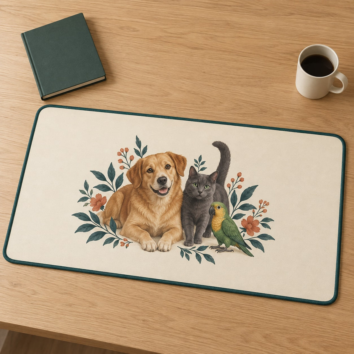 Multi Pet Household Desk Mat with dimensional printed themed artwork; representative AI-generated mockup.