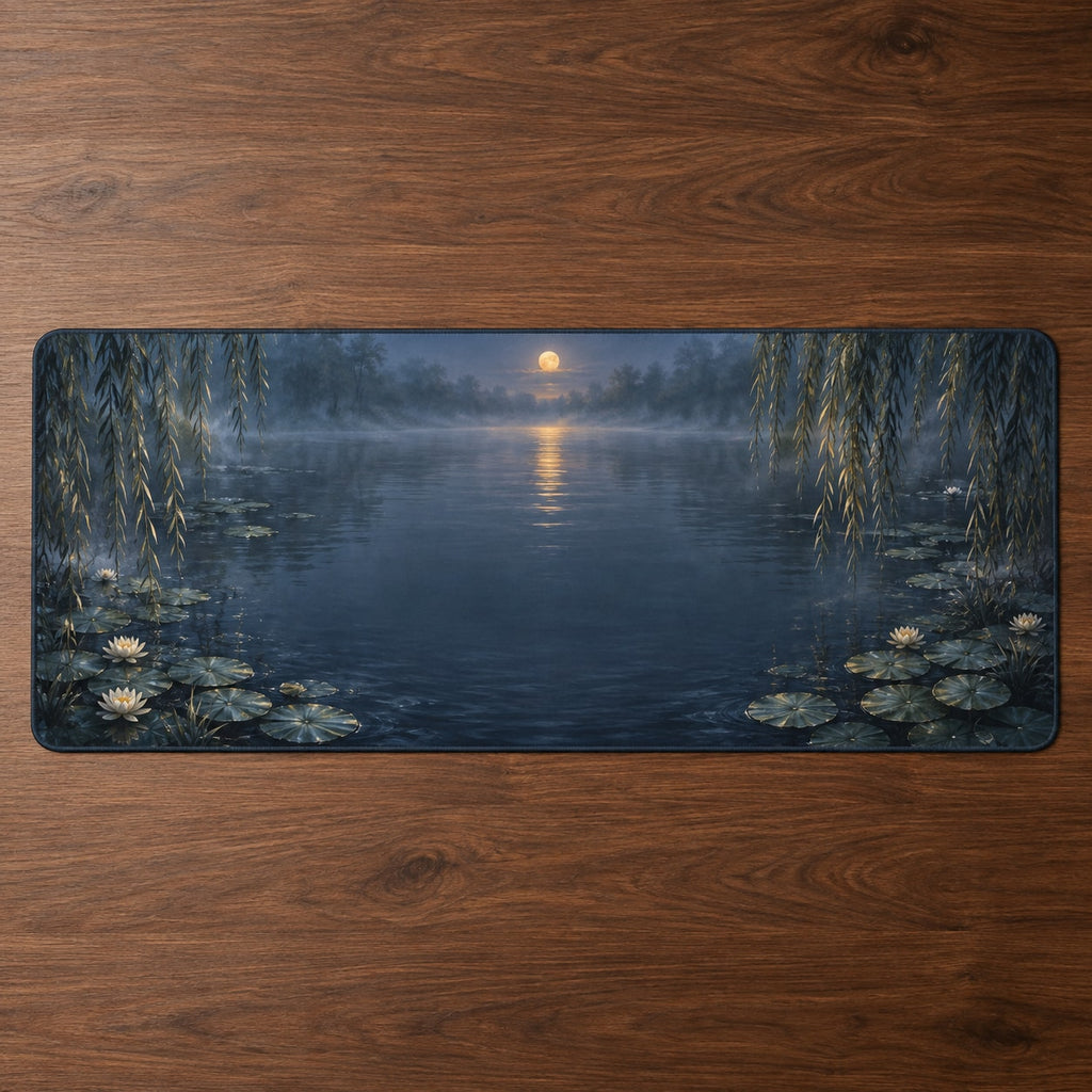 Moonlit Willow Pond Desk Mat with dimensional printed themed artwork; representative AI-generated mockup.