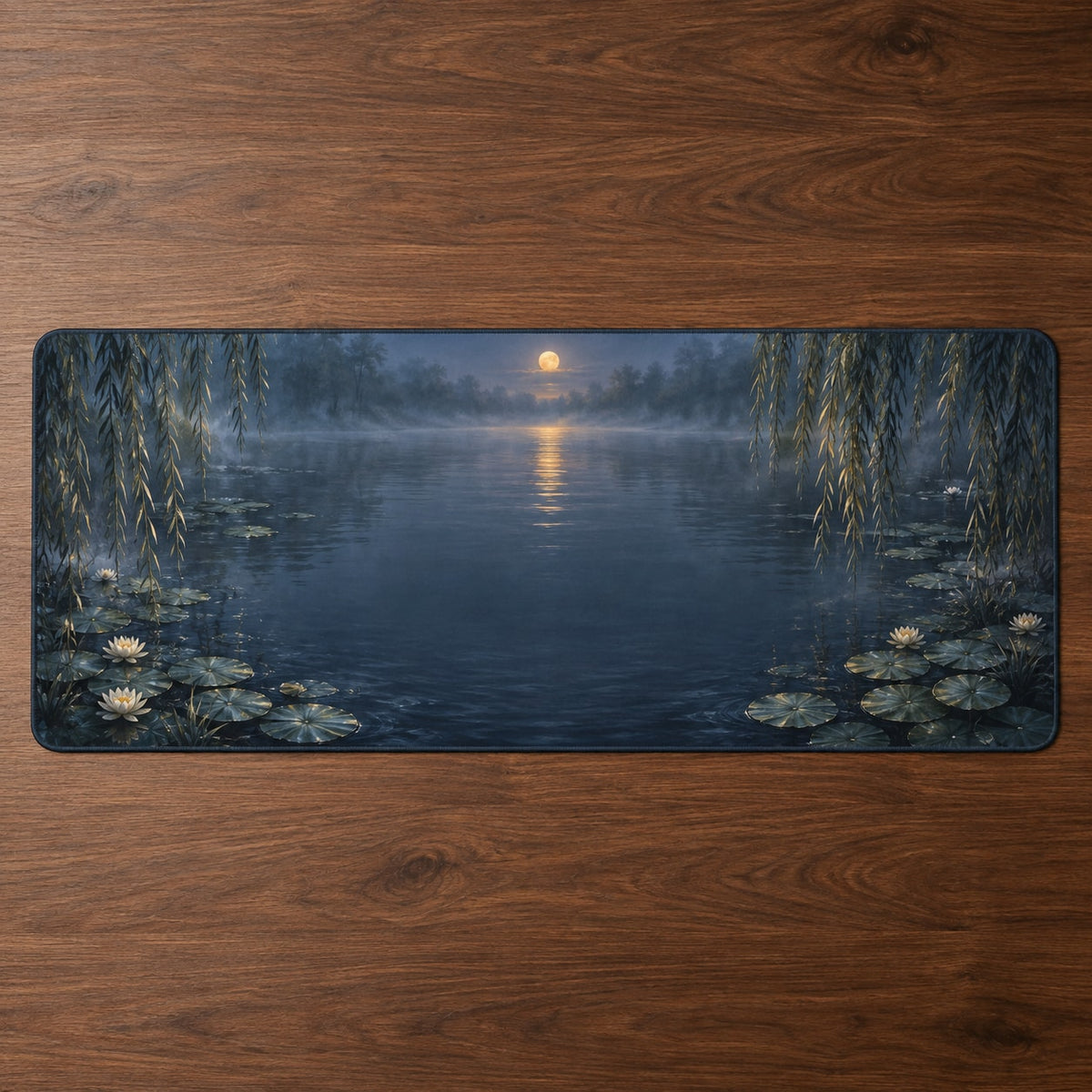 Moonlit Willow Pond Desk Mat with dimensional printed themed artwork; representative AI-generated mockup.