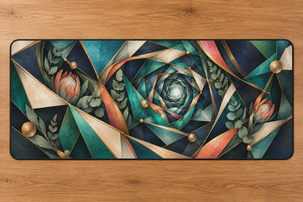 Venture Prism Atelier Desk Mat with dimensional printed themed artwork; representative AI-generated mockup.
