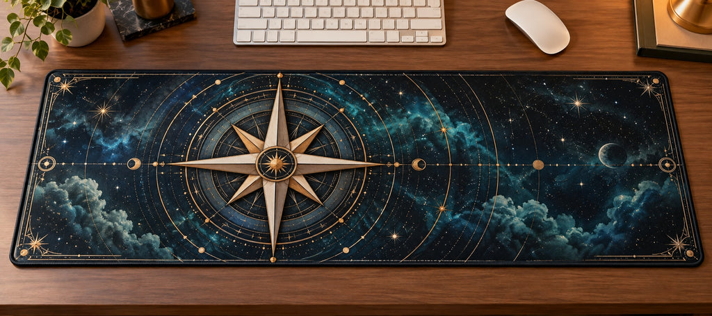Star Compass Desk Mat with dimensional printed themed artwork; representative AI-generated mockup.