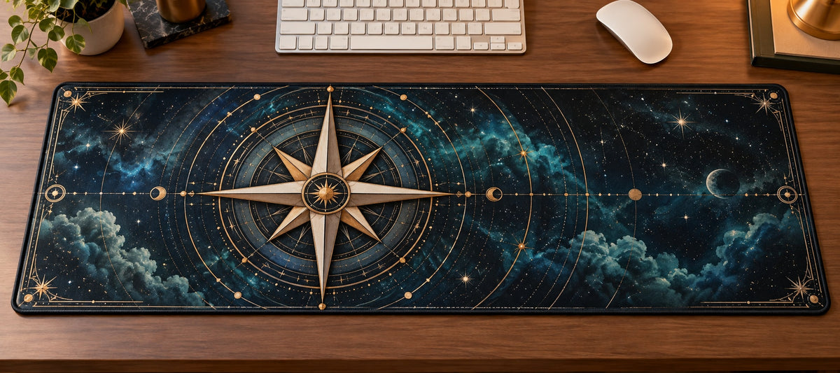 Star Compass Desk Mat with dimensional printed themed artwork; representative AI-generated mockup.