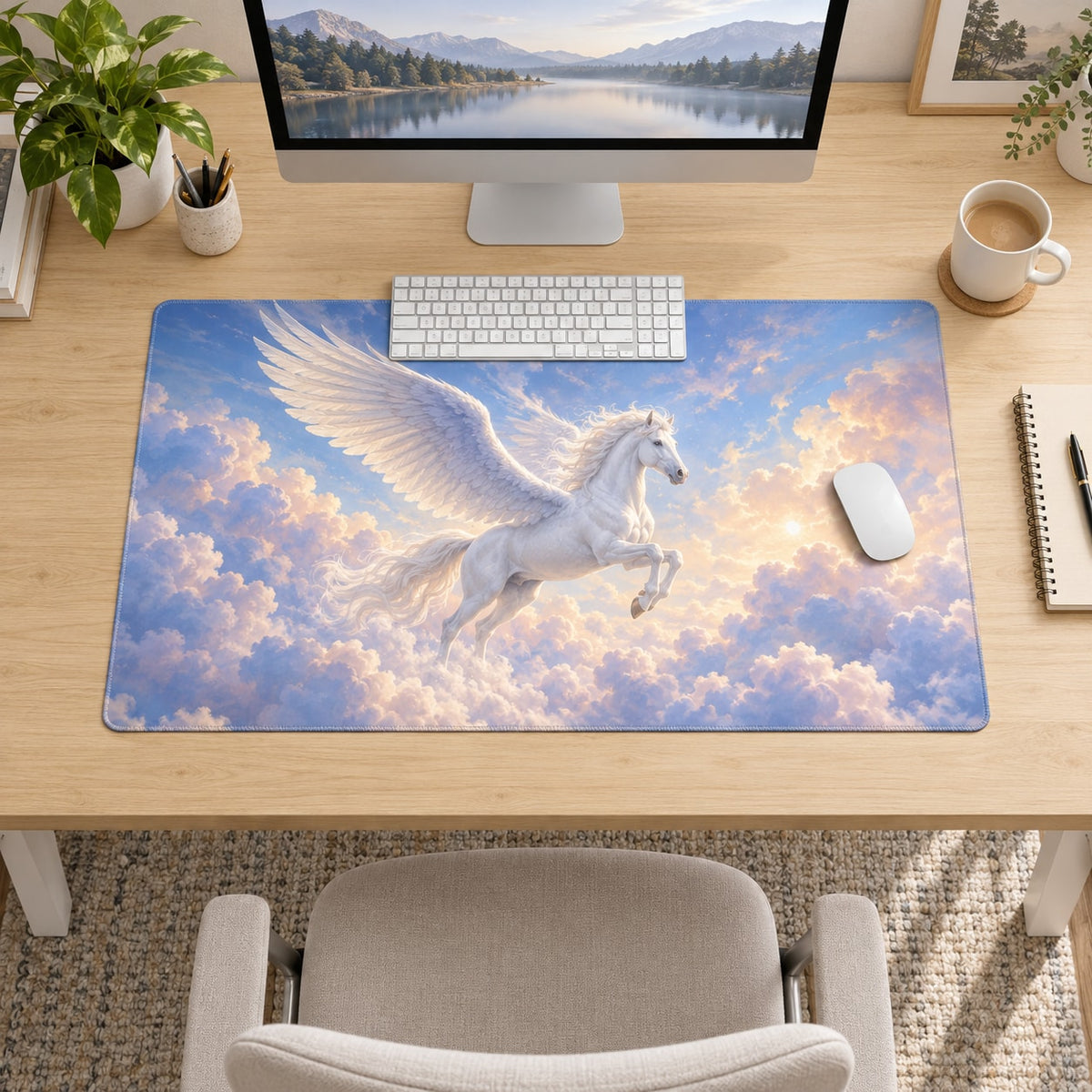 Pegasus Cloudscape Desk Mat with dimensional printed themed artwork; representative AI-generated mockup.