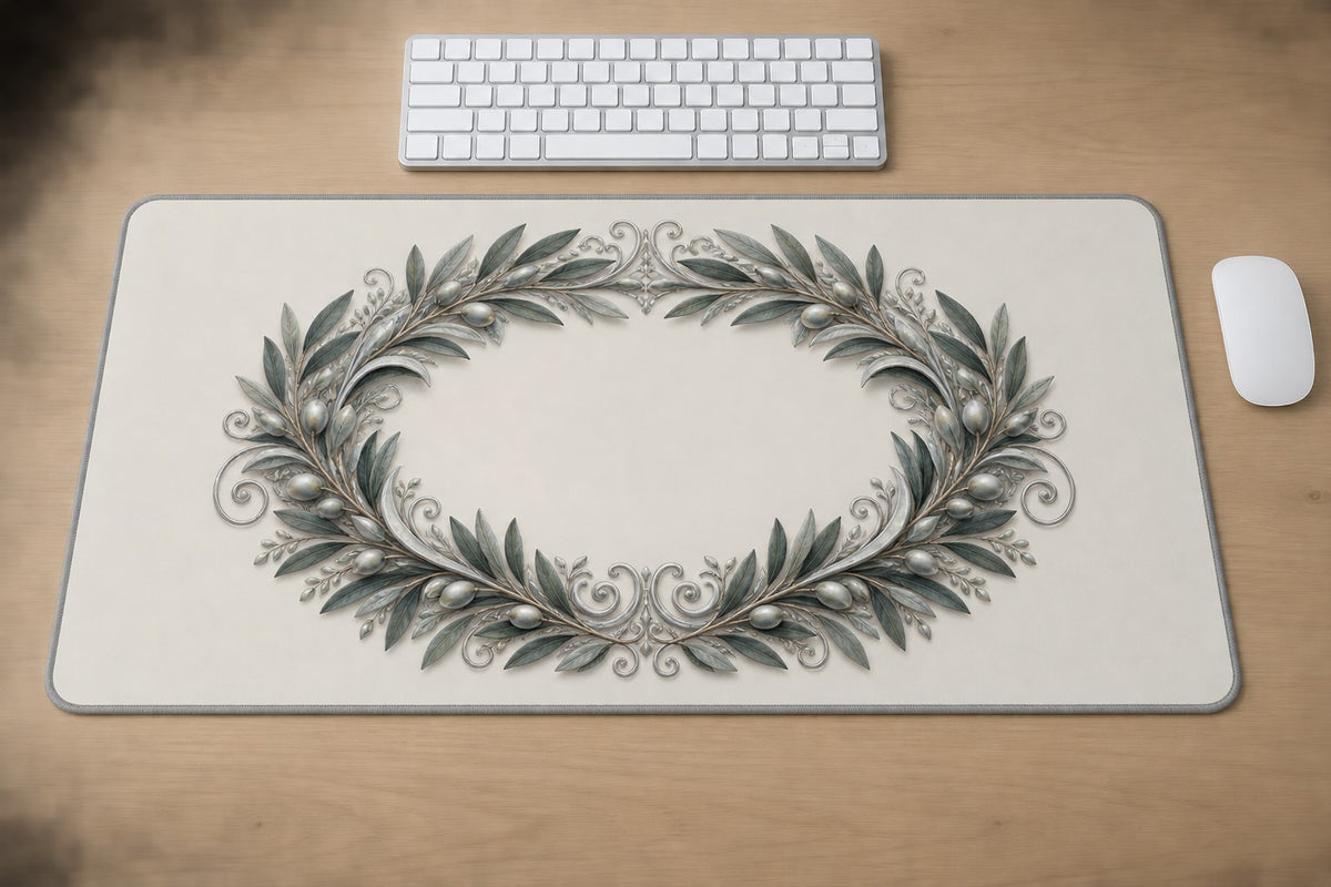 Silver Anniversary Olive Halo Desk Mat with dimensional printed themed artwork; representative AI-generated mockup.