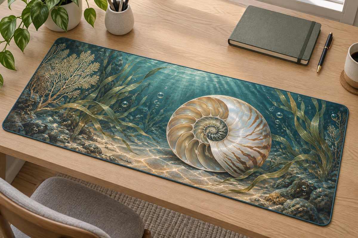 Nautilus Spiral Desk Mat with dimensional printed themed artwork; representative AI-generated mockup.