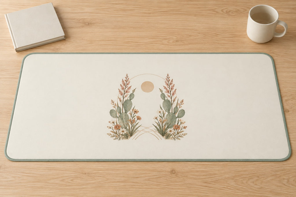 Desert Botanical Arch Desk Mat with dimensional printed themed artwork; representative AI-generated mockup.