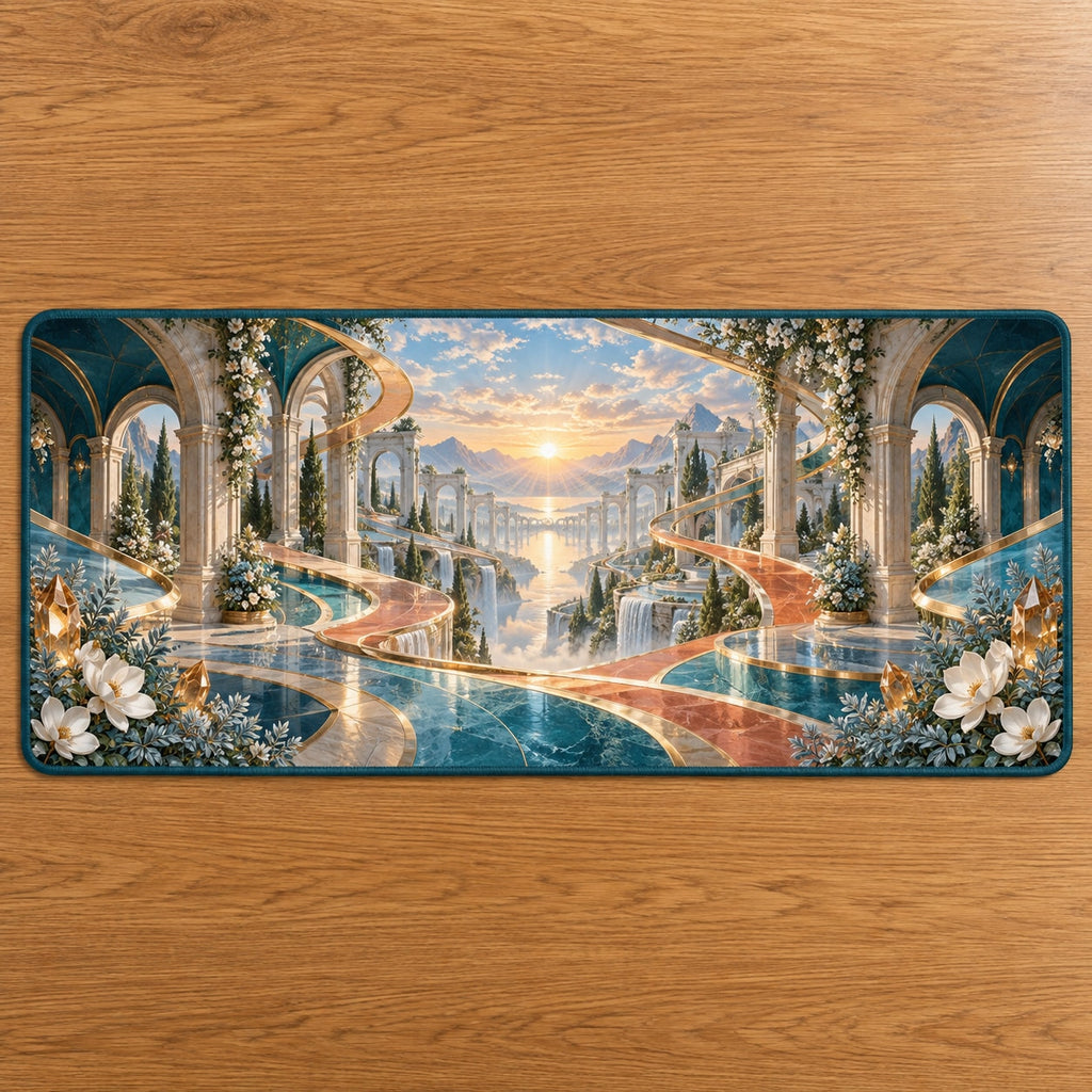 Physical Therapy Motion Atrium Desk Mat with dimensional printed themed artwork; representative AI-generated mockup.