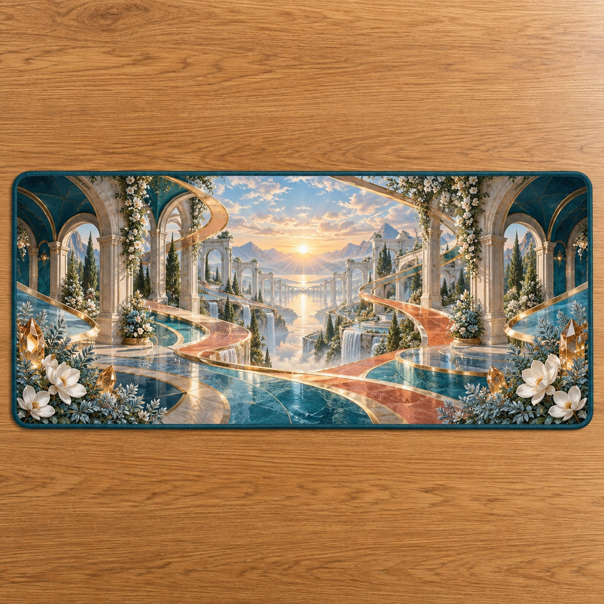 Physical Therapy Motion Atrium Desk Mat with dimensional printed themed artwork; representative AI-generated mockup.