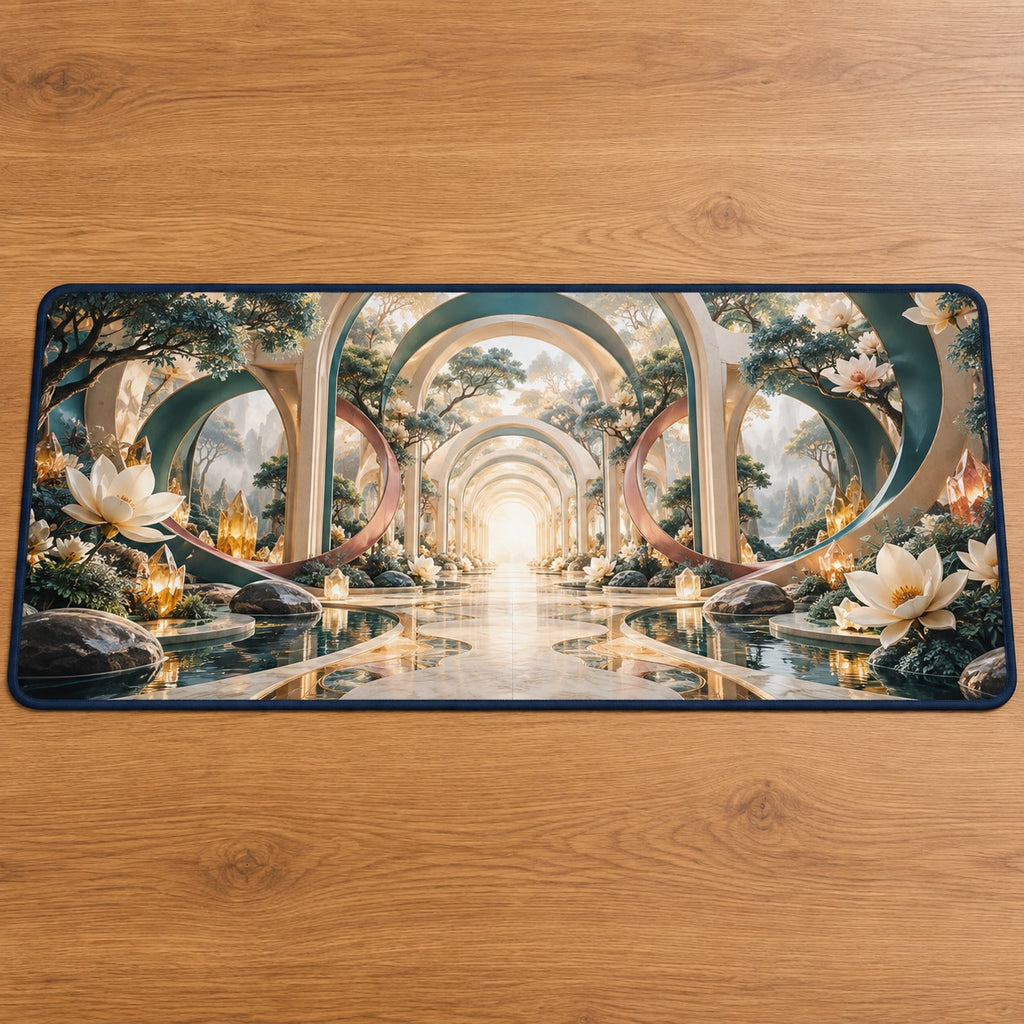 Voice Bloom Resonance Atrium Desk Mat with dimensional printed themed artwork; representative AI-generated mockup.