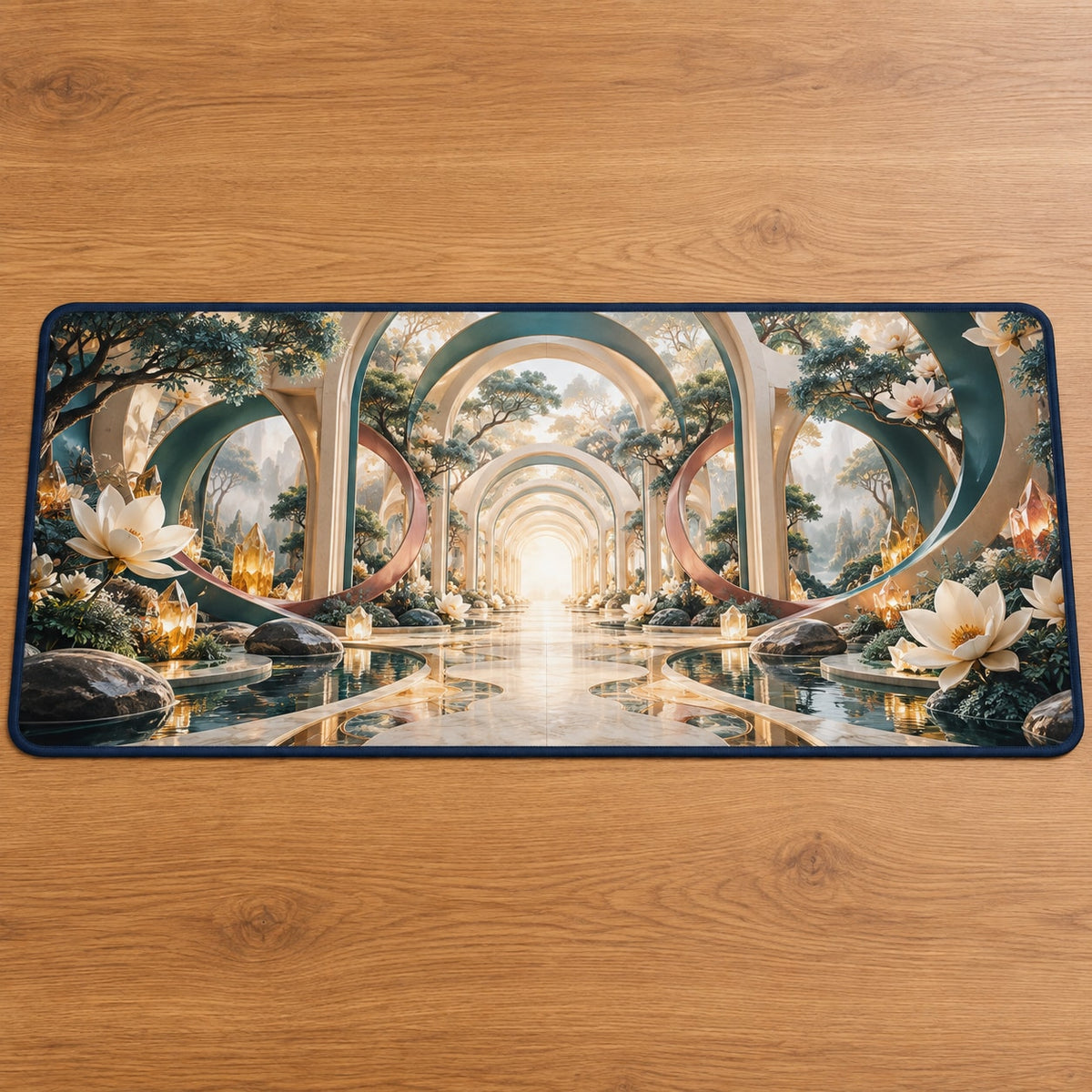 Voice Bloom Resonance Atrium Desk Mat with dimensional printed themed artwork; representative AI-generated mockup.