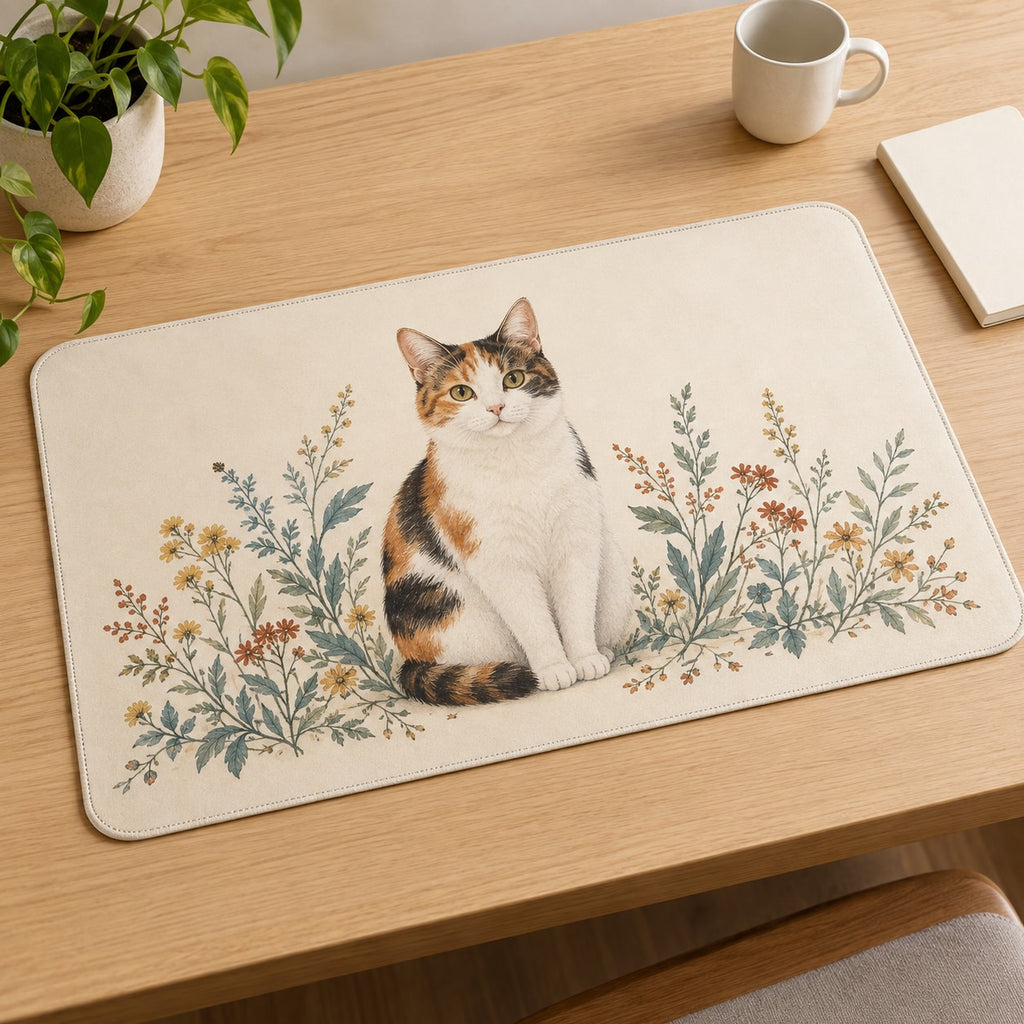 Calico Cat Companion Desk Mat with dimensional printed themed artwork; representative AI-generated mockup.