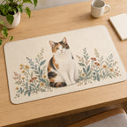 Calico Cat Companion Desk Mat with dimensional printed themed artwork; representative AI-generated mockup.
