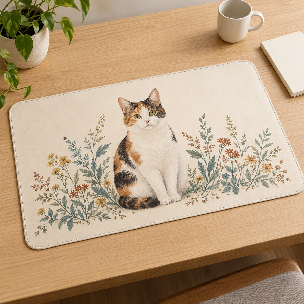 Calico Cat Companion Desk Mat with dimensional printed themed artwork; representative AI-generated mockup.