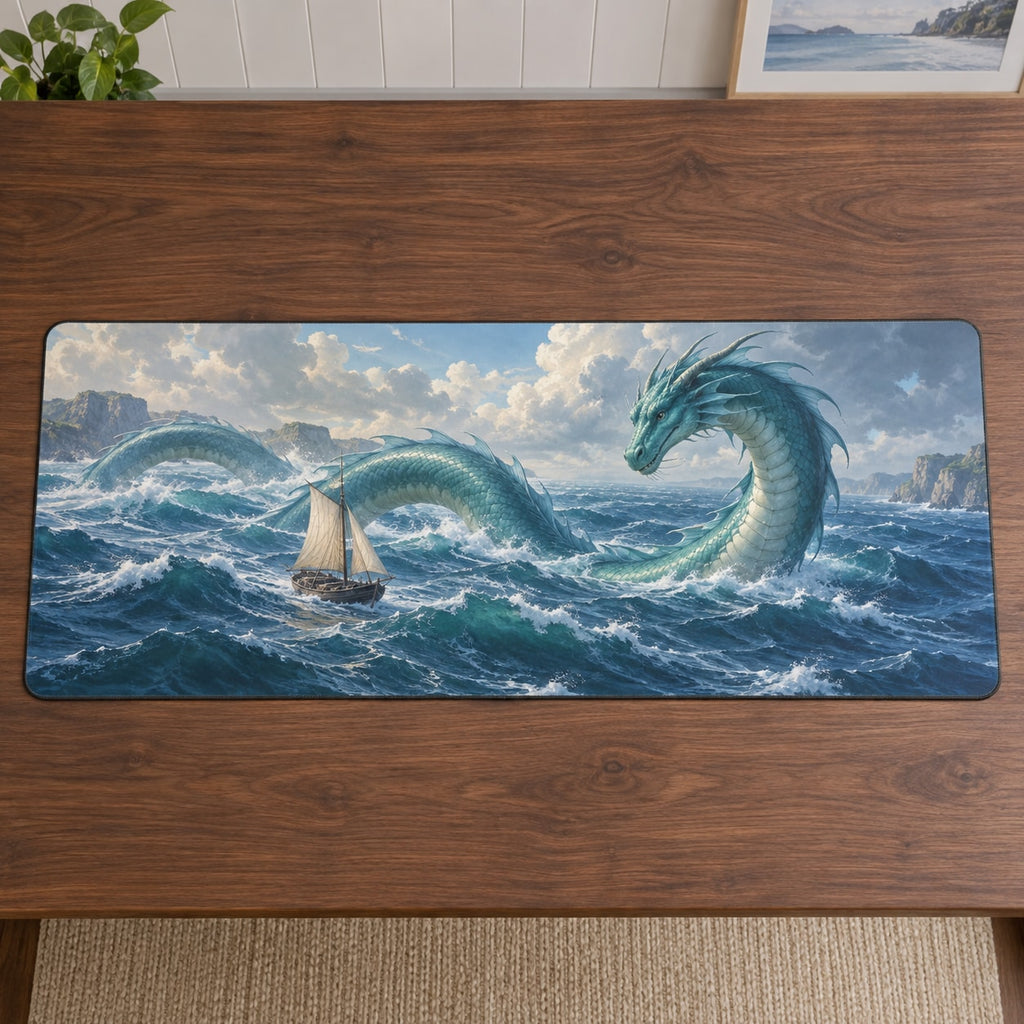 Sea Serpent Voyage Desk Mat with dimensional printed themed artwork; representative AI-generated mockup.