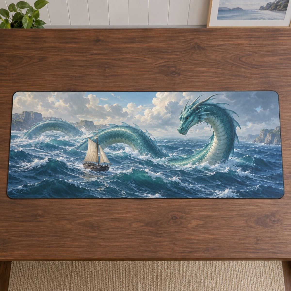 Sea Serpent Voyage Desk Mat with dimensional printed themed artwork; representative AI-generated mockup.