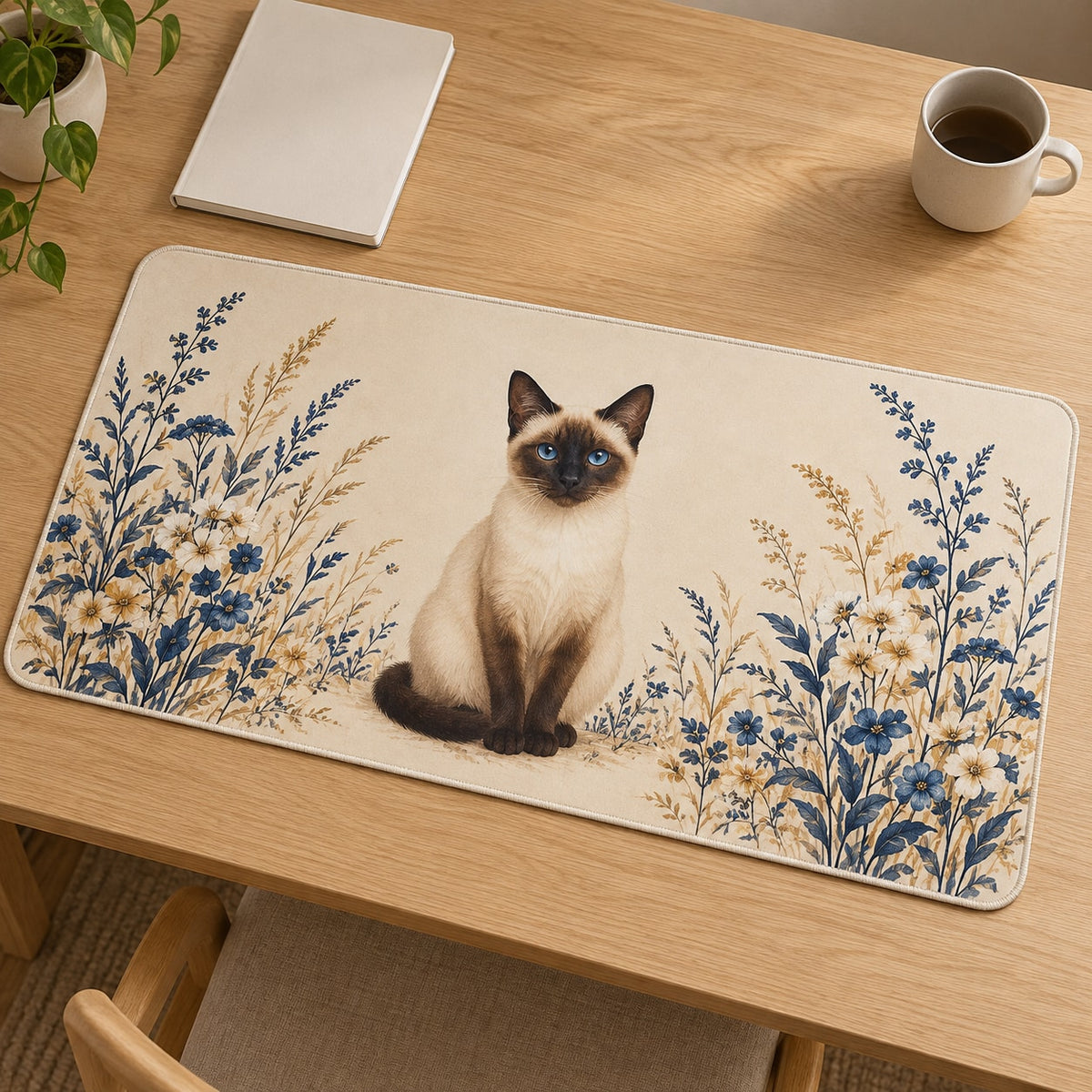 Siamese Cat Companion Desk Mat with dimensional printed themed artwork; representative AI-generated mockup.