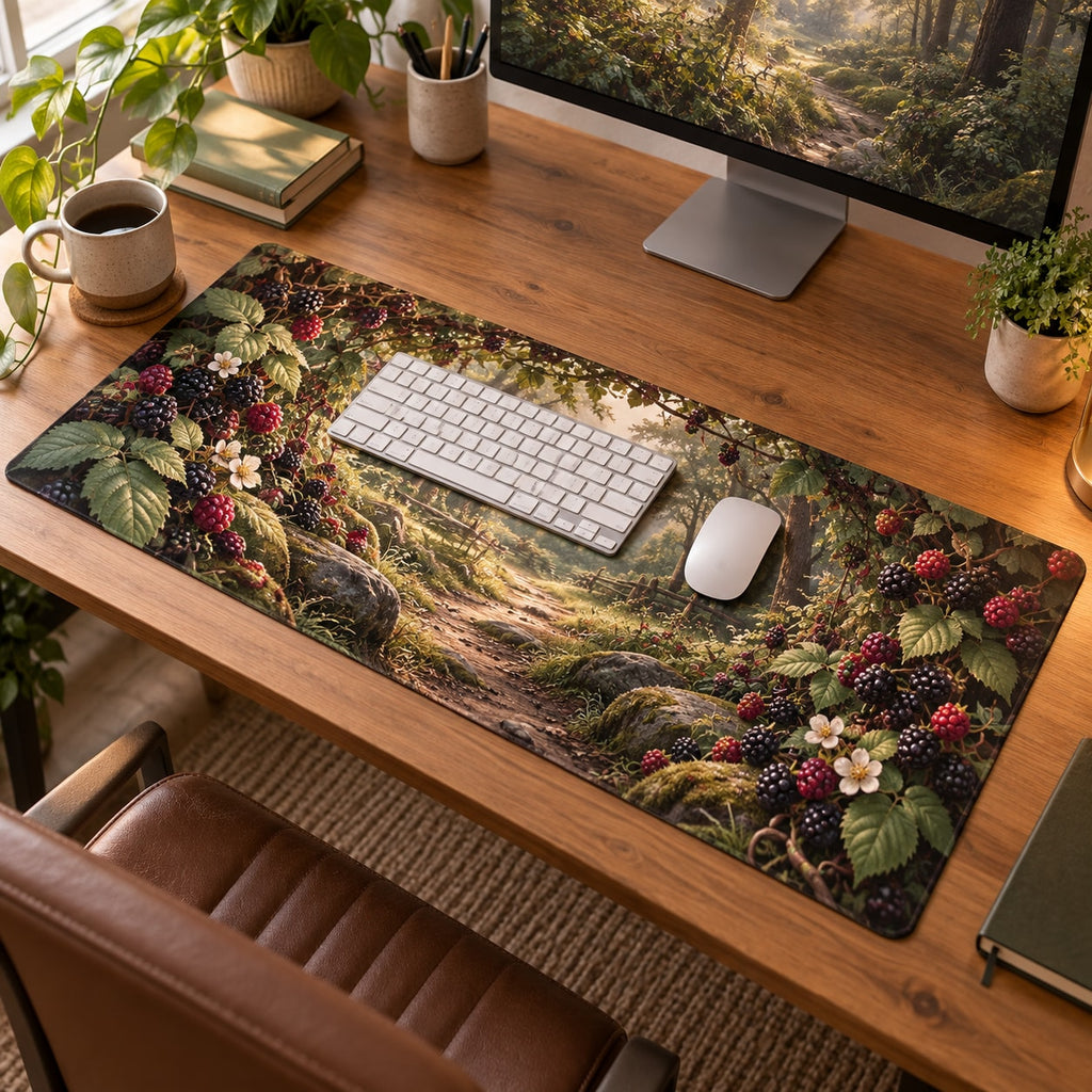 Wild Berry Bramble Desk Mat with dimensional printed themed artwork; representative AI-generated mockup.