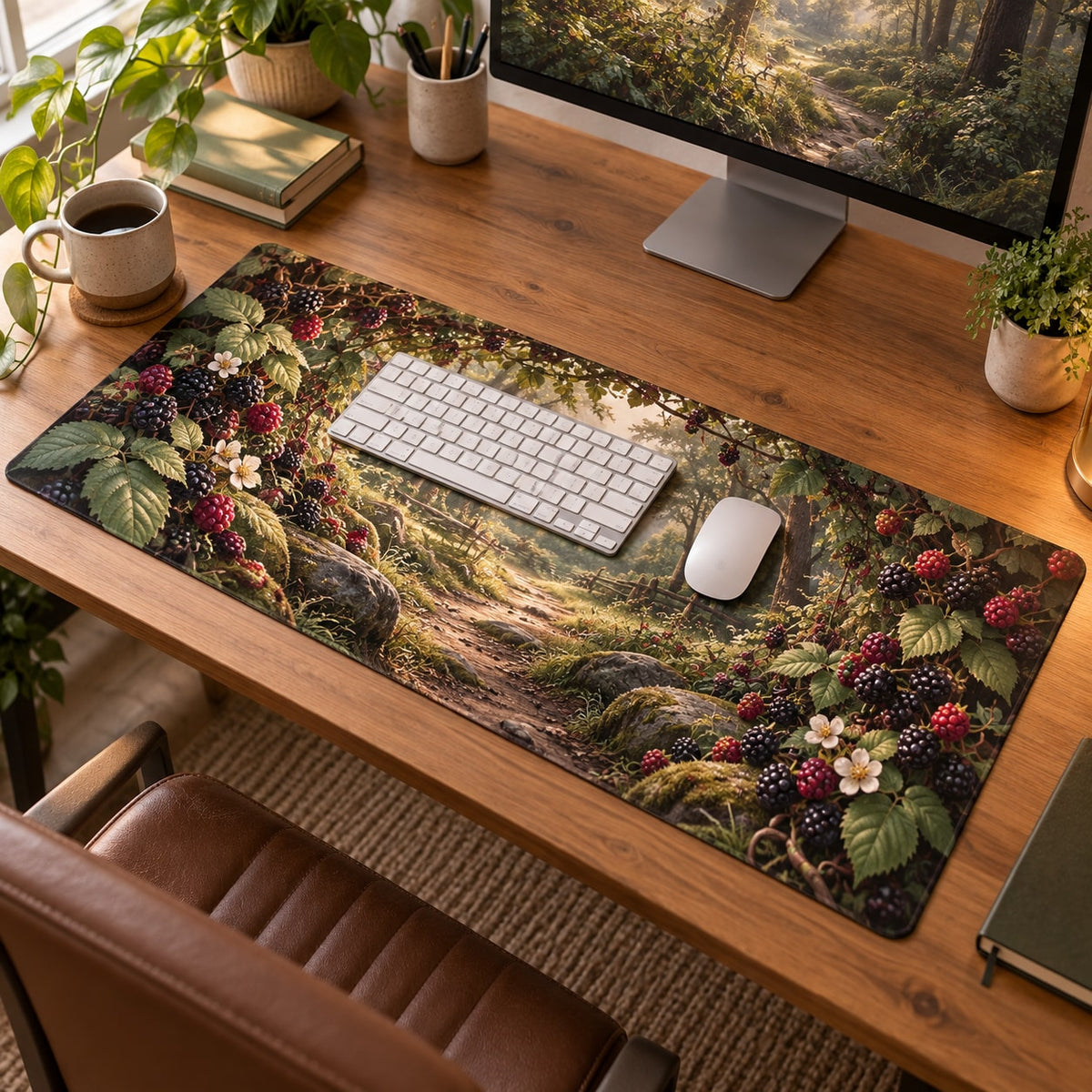Wild Berry Bramble Desk Mat with dimensional printed themed artwork; representative AI-generated mockup.