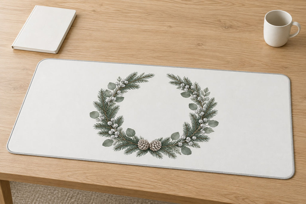 Winter Evergreen Wedding Wreath Desk Mat with dimensional printed themed artwork; representative AI-generated mockup.