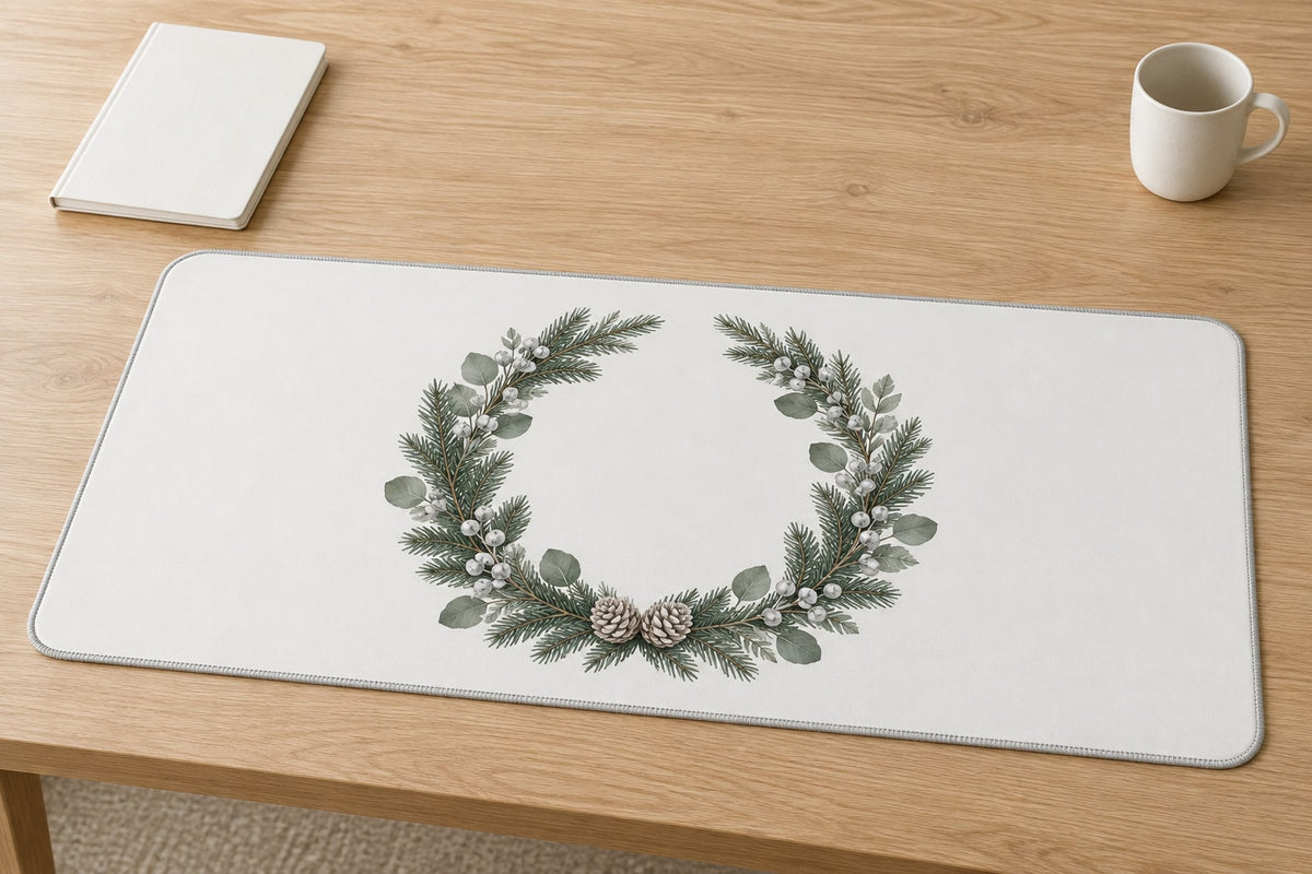 Winter Evergreen Wedding Wreath Desk Mat with dimensional printed themed artwork; representative AI-generated mockup.