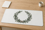 Winter Evergreen Wedding Wreath Desk Mat with dimensional printed themed artwork; representative AI-generated mockup.