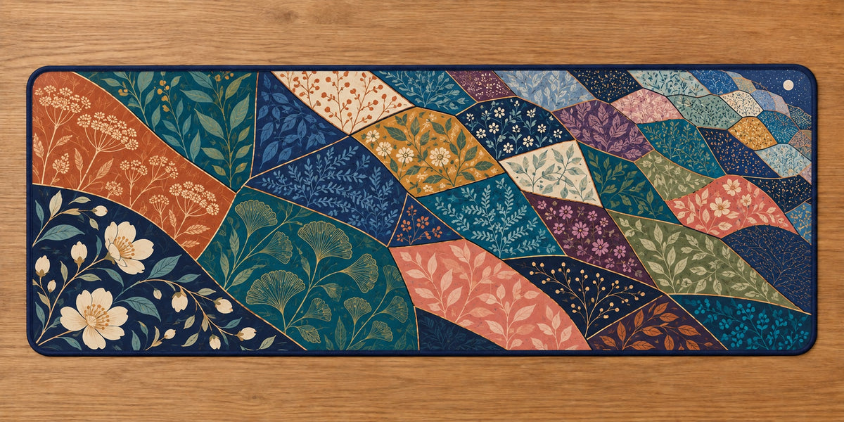 Prismatic Quiltwork Cascade Desk Mat with dimensional printed themed artwork; representative AI-generated mockup.