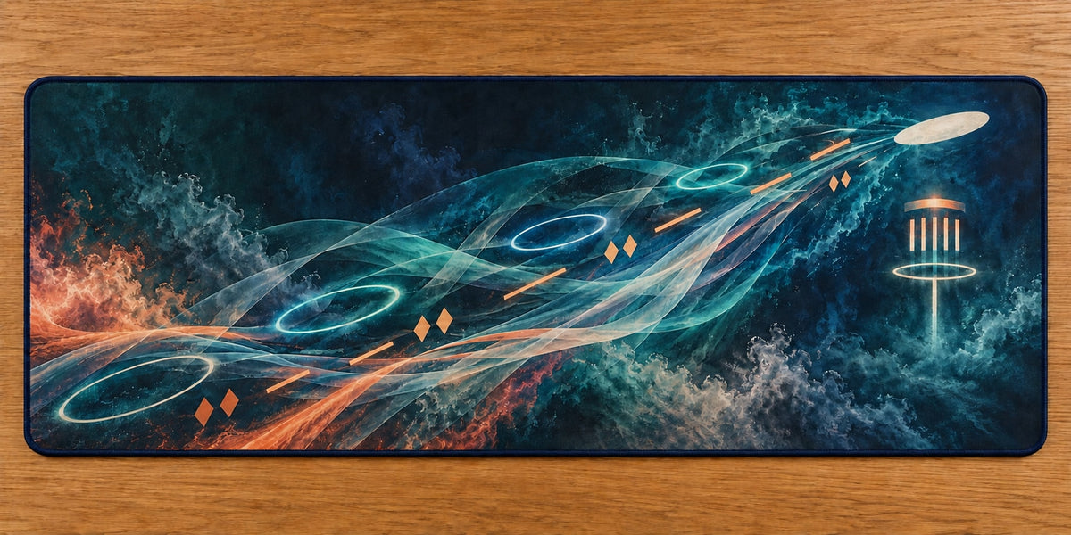 Aerochain Meridian Desk Mat with dimensional printed themed artwork; representative AI-generated mockup.