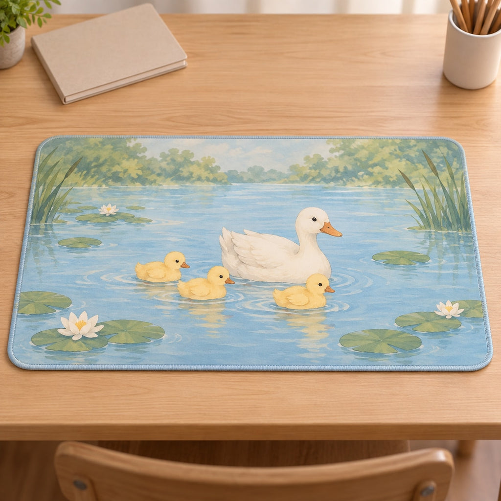 Duck Pond Friends Desk Mat with dimensional printed themed artwork; representative AI-generated mockup.