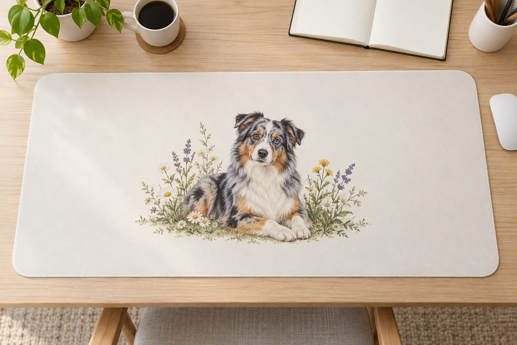 Australian Shepherd Desk Mat with dimensional printed themed artwork; representative AI-generated mockup.