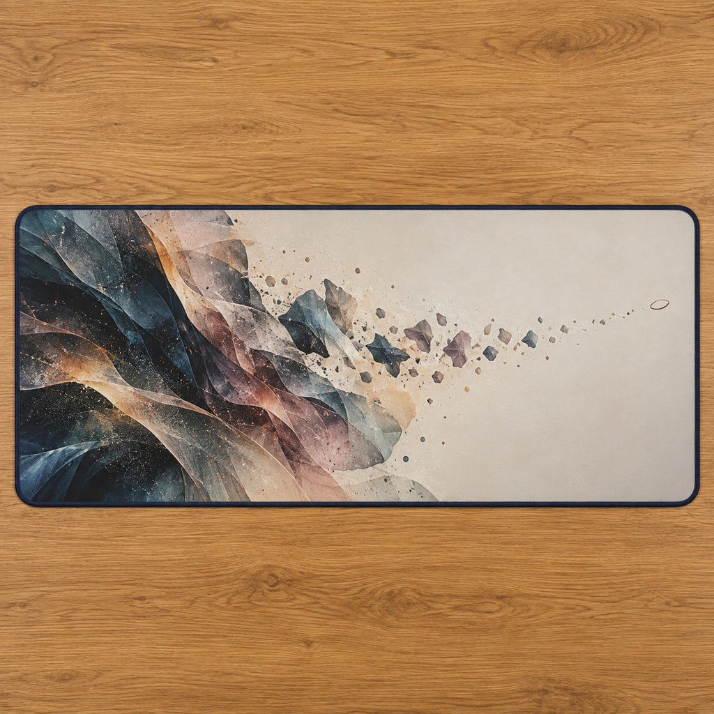 Silvergrain Afterimage Desk Mat with dimensional printed themed artwork; representative AI-generated mockup.