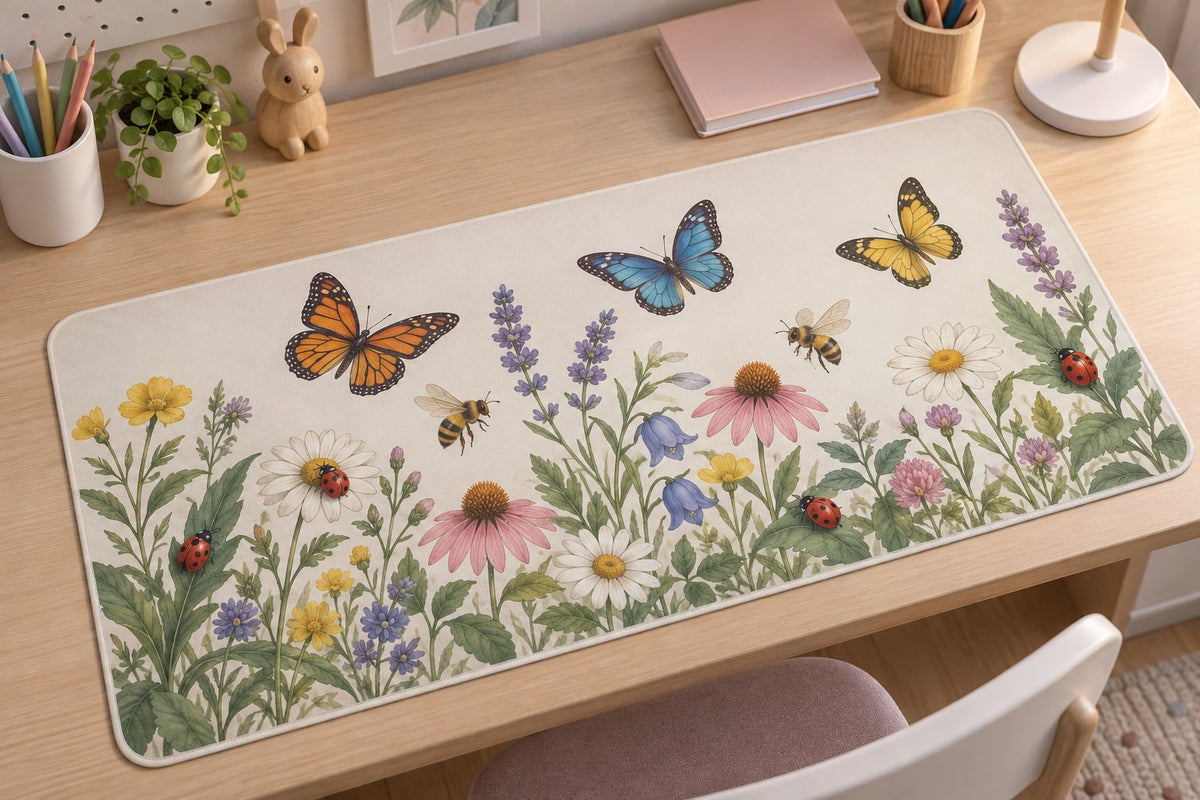 Garden Insect Counting Desk Mat with dimensional printed themed artwork; representative AI-generated mockup.