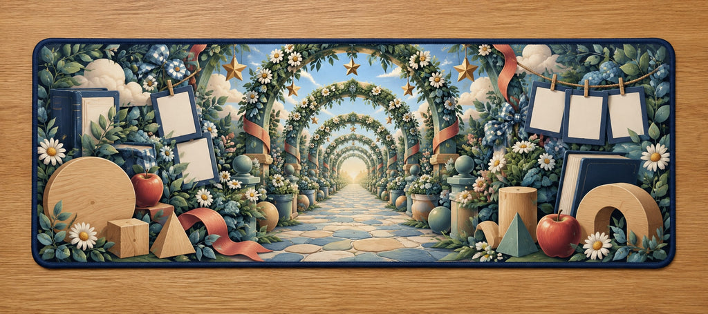 Inclusive Learning Sanctuary Desk Mat with dimensional printed themed artwork; representative AI-generated mockup.
