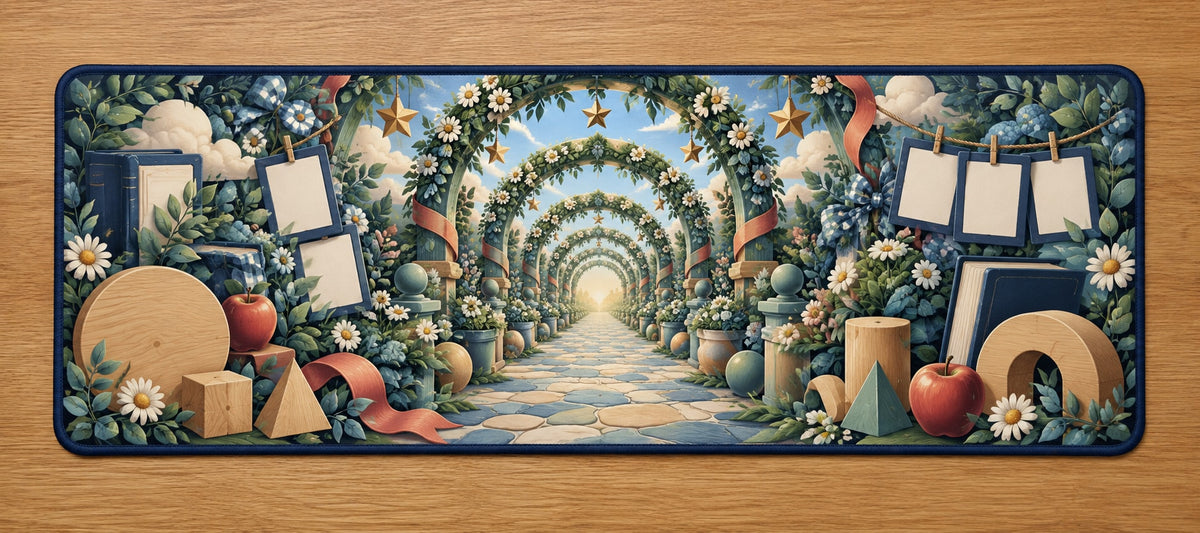 Inclusive Learning Sanctuary Desk Mat with dimensional printed themed artwork; representative AI-generated mockup.