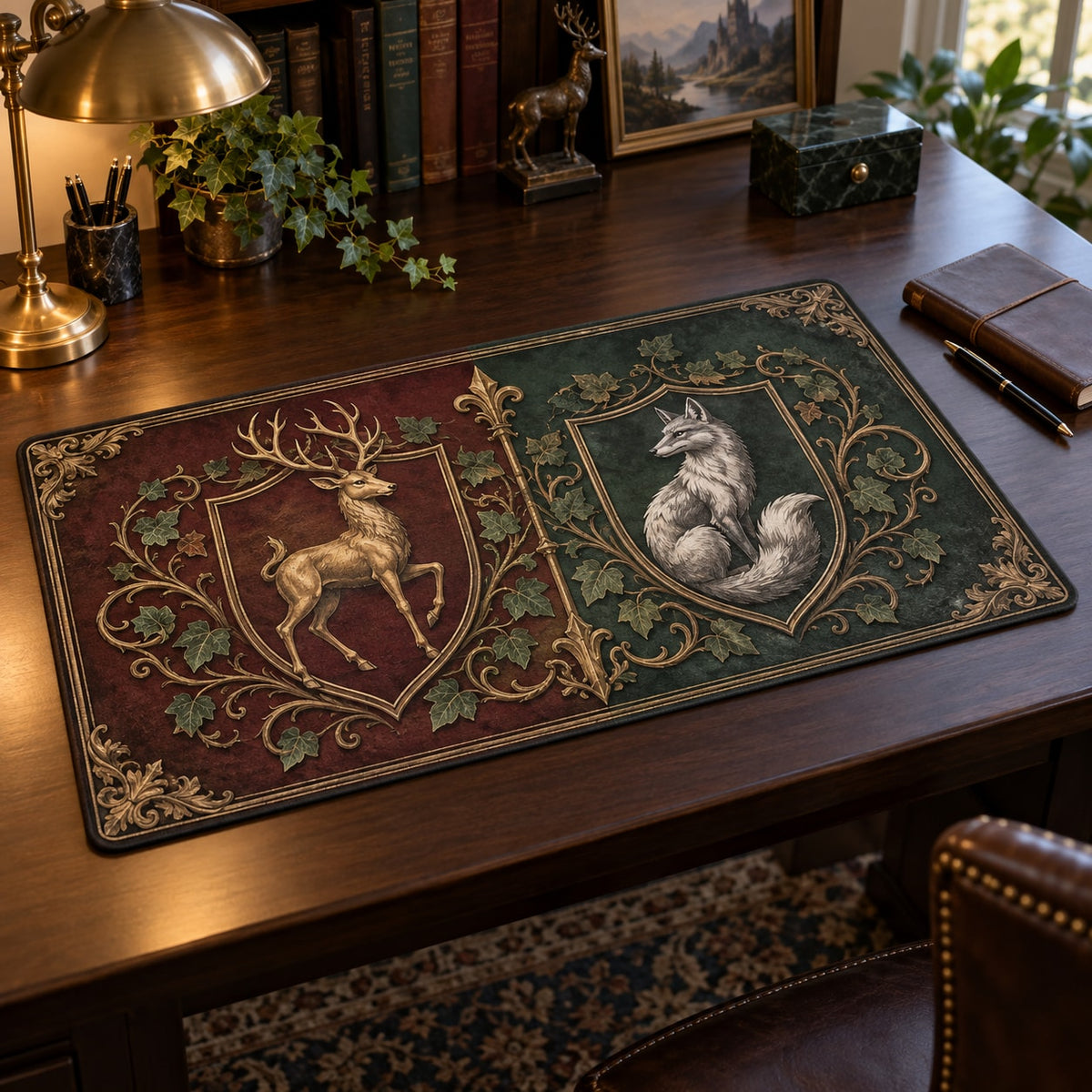 Medieval Heraldic Animals Desk Mat with dimensional printed themed artwork; representative AI-generated mockup.