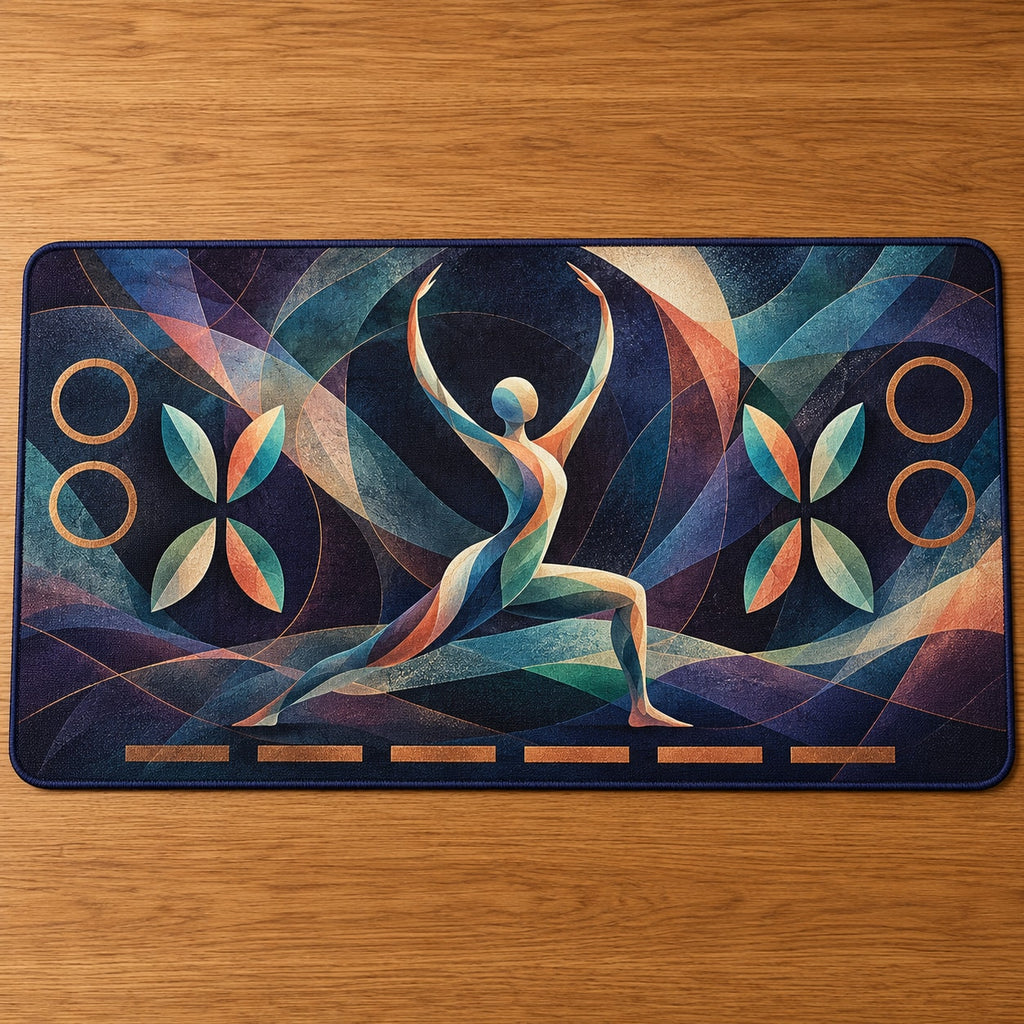 Stillpoint Prism Flow Desk Mat with dimensional printed themed artwork; representative AI-generated mockup.
