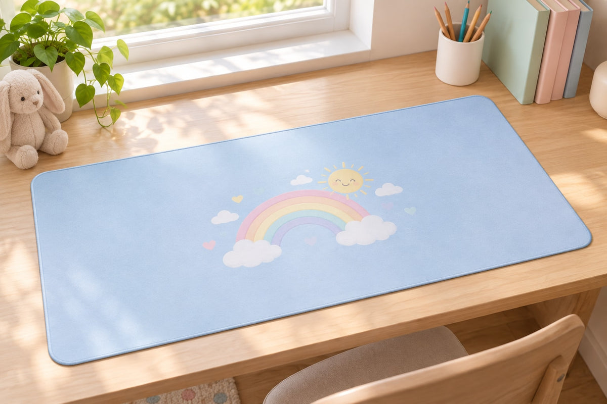 Rainbow Weather Desk Mat with dimensional printed themed artwork; representative AI-generated mockup.