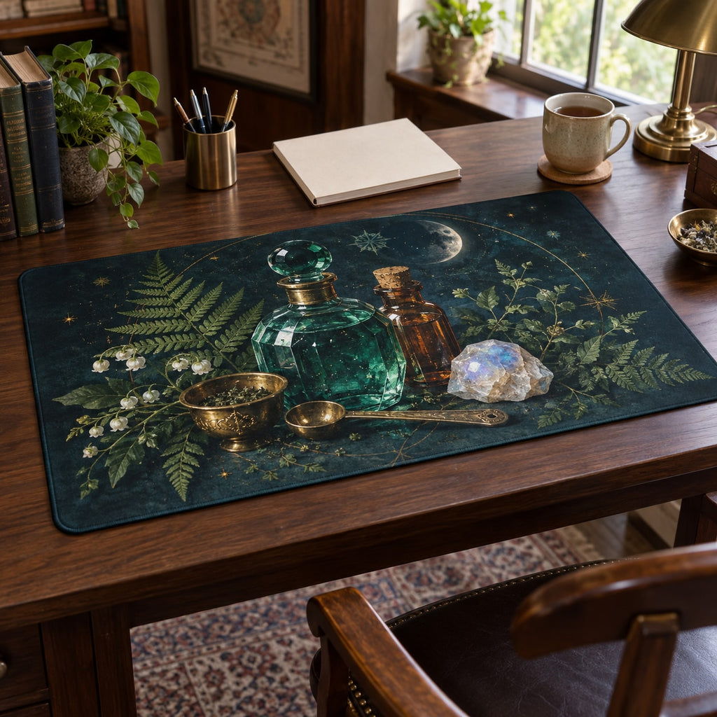 Potion Bottle Still Life Desk Mat with dimensional printed themed artwork; representative AI-generated mockup.