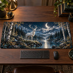 Moonlit White Stag Desk Mat with dimensional printed themed artwork; representative AI-generated mockup.