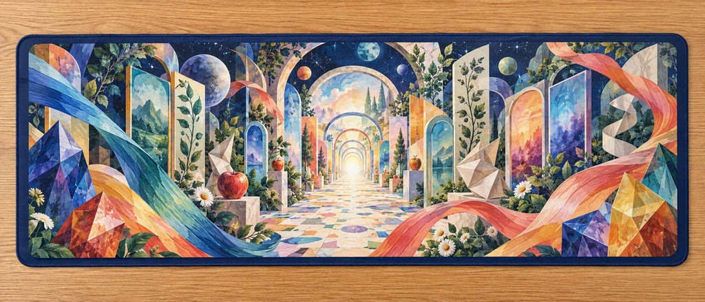 Chromatic Imagination Atelier Desk Mat with dimensional printed themed artwork; representative AI-generated mockup.