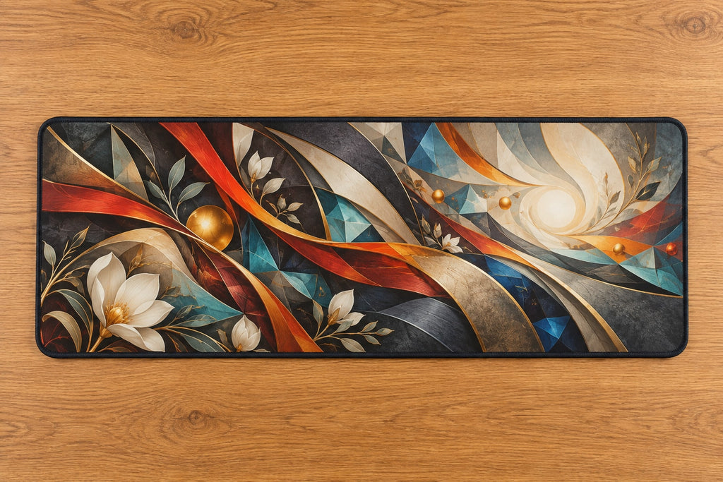 Emberline Rescue Atrium Desk Mat with dimensional printed themed artwork; representative AI-generated mockup.