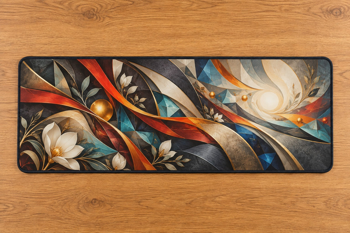 Emberline Rescue Atrium Desk Mat with dimensional printed themed artwork; representative AI-generated mockup.