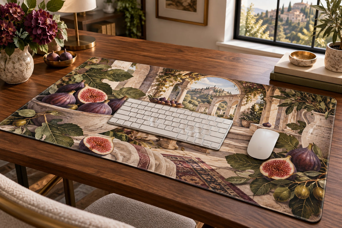 Fig Harvest Desk Mat with dimensional printed themed artwork; representative AI-generated mockup.