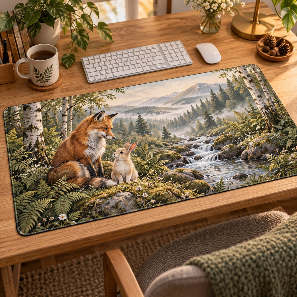 Sage Fox and Bunny Desk Mat with dimensional printed themed artwork; representative AI-generated mockup.