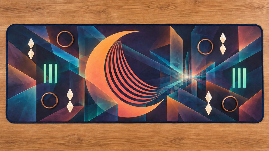 Croissant Dawn Parallax Desk Mat with dimensional printed themed artwork; representative AI-generated mockup.