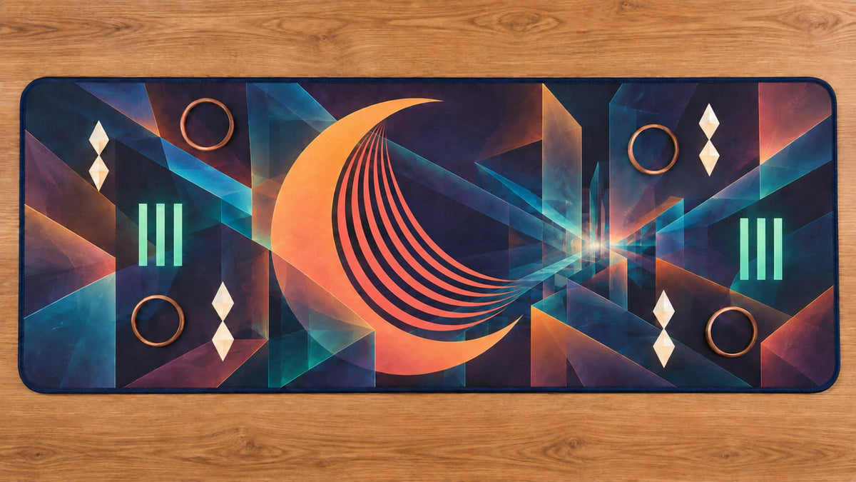 Croissant Dawn Parallax Desk Mat with dimensional printed themed artwork; representative AI-generated mockup.