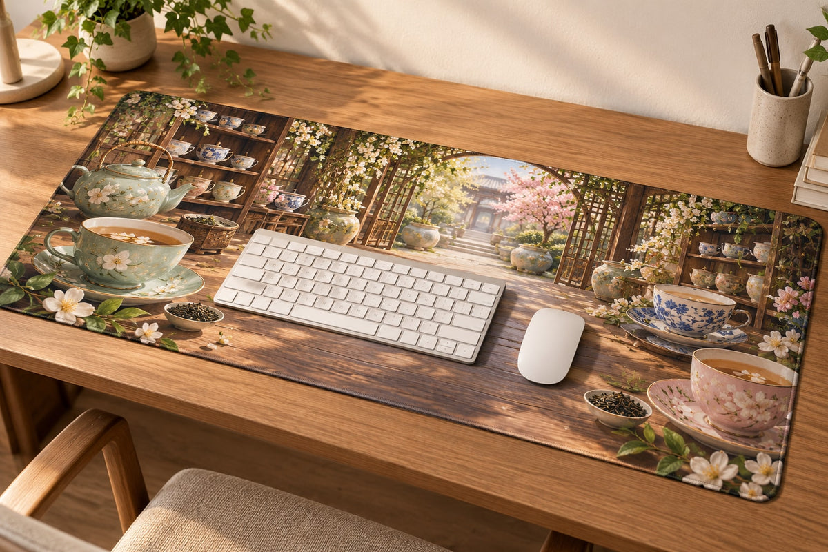 Tea Cup Collection Desk Mat with dimensional printed themed artwork; representative AI-generated mockup.