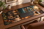 Espresso Corner Desk Mat with dimensional printed themed artwork; representative AI-generated mockup.