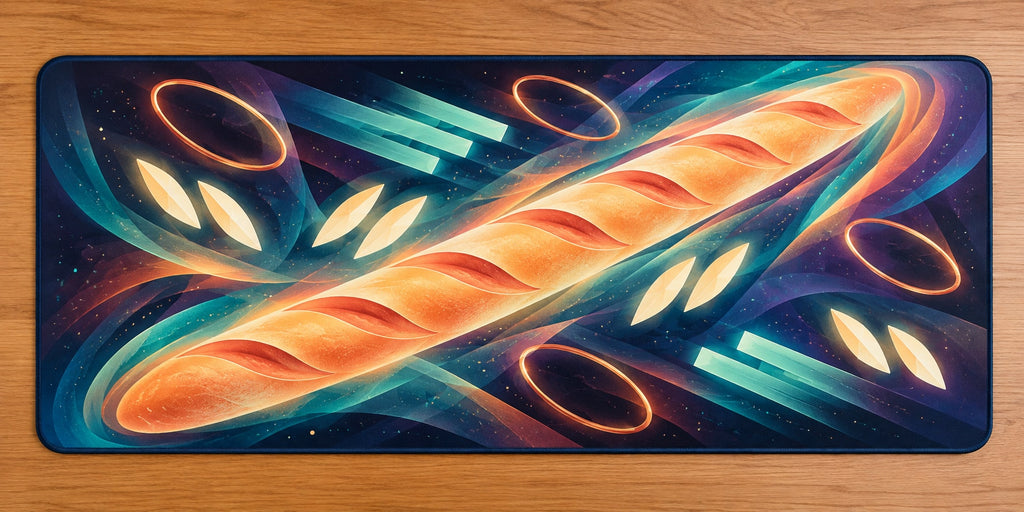 Baguette Aurora Relay Desk Mat with dimensional printed themed artwork; representative AI-generated mockup.