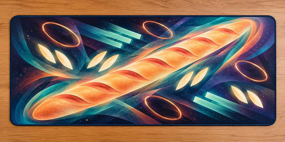 Baguette Aurora Relay Desk Mat with dimensional printed themed artwork; representative AI-generated mockup.